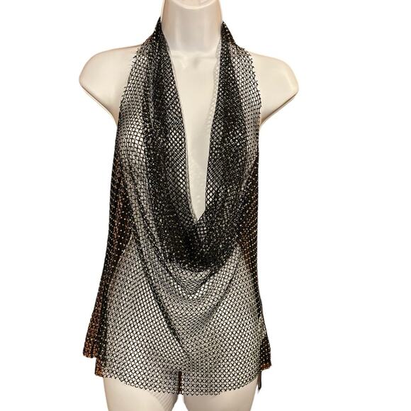 PrettyLittleThing Rhinestone Fishnet Halter Neck Long Top - Picture 2 of 6